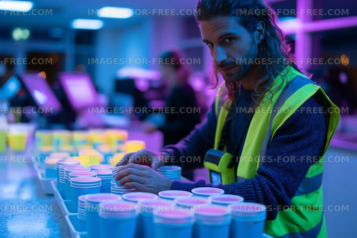 Man arranging cups in brightly lit indoor space