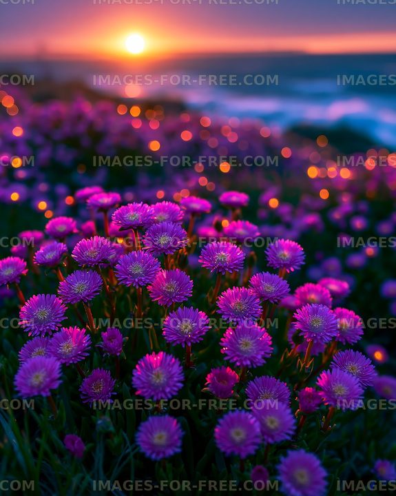 Sunset over blooming flowers by the sea