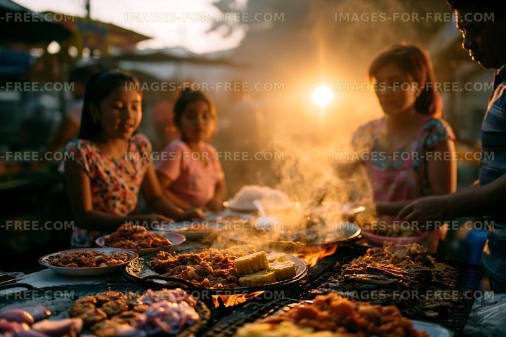 Food vendors serve grilled dishes at evening market