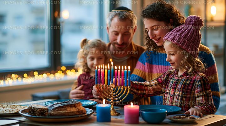 Family celebrates a holiday together lighting candles at home