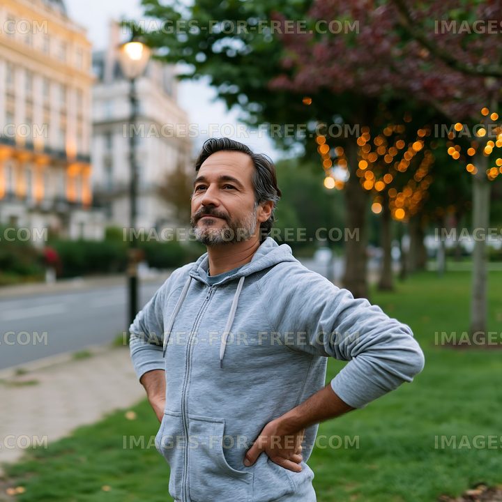 Man standing in a park with hands on hips during twilight hours