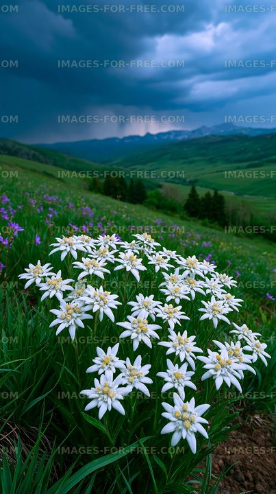 Mountain meadow covered in white flowers before a storm
