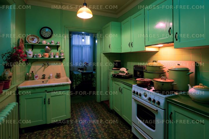 Old-fashioned kitchen with green cabinets and vintage decor