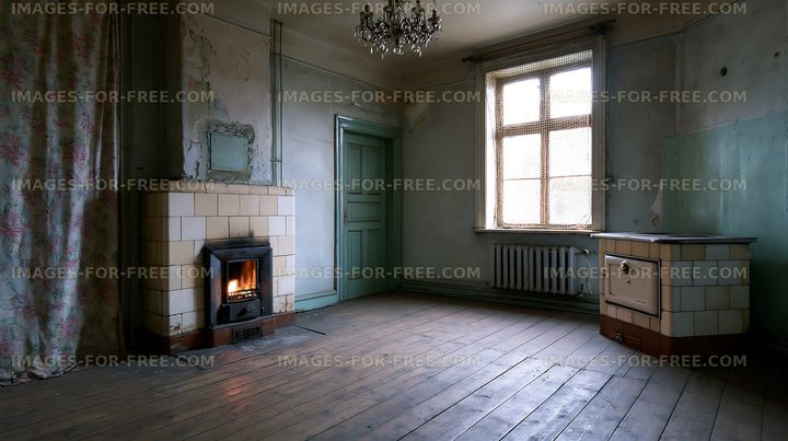 Empty room with fireplace and window in old building