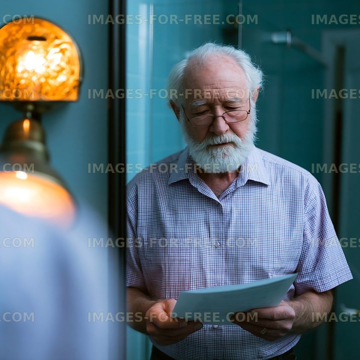 Elderly man reading a letter in a bathroom with warm light