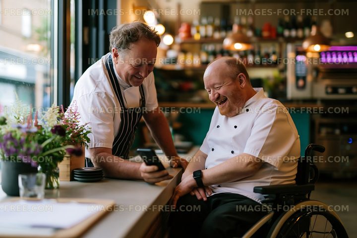 Chefs sharing a moment in a restaurant kitchen
