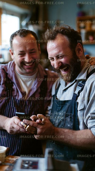 Two men laughing and sharing a moment in a workshop