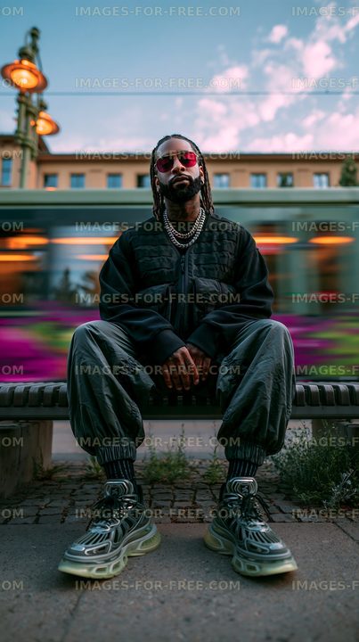 Man sitting on bench in urban area with moving tram in background