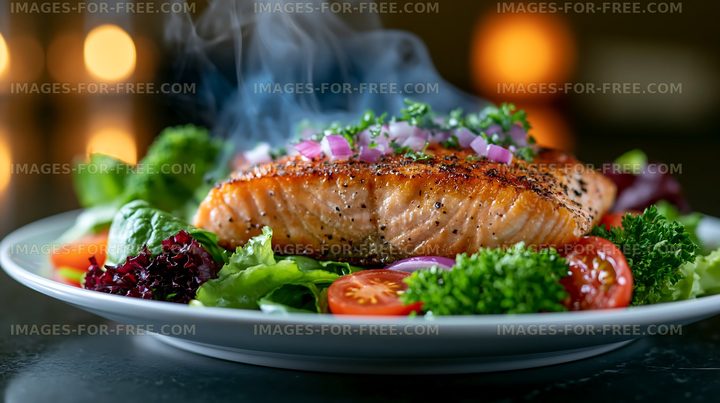 Grilled salmon served on a bed of fresh vegetables