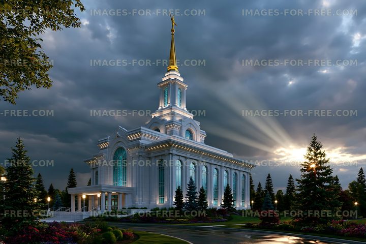 Building with a golden spire under cloudy sky at dusk