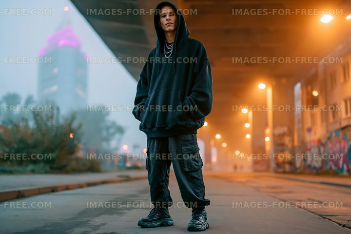 Person wearing dark clothing stands under a bridge at night