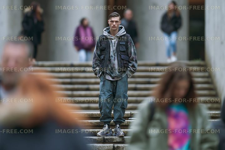 Young man standing on steps in urban area with busy background