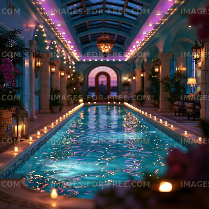 Indoor pool area with lights and candles at night