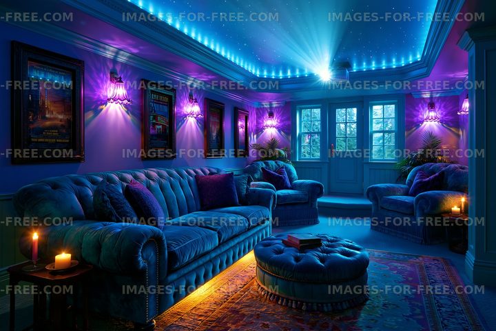 Cozy living room with blue lighting and comfortable furniture