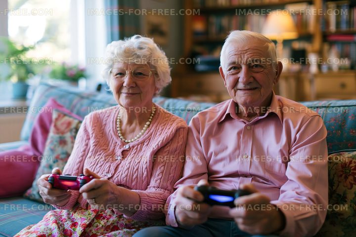 Elderly couple enjoying video games at home