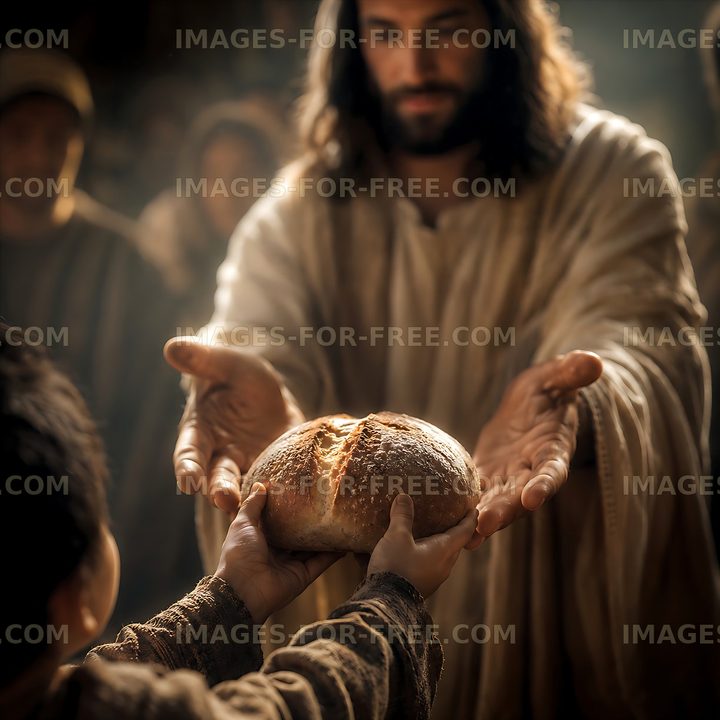 Man giving bread to child in ancient setting