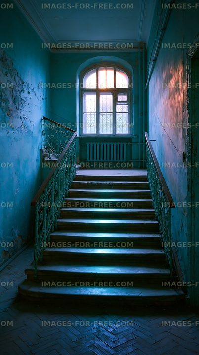 Staircase in an old building with blue walls and natural light