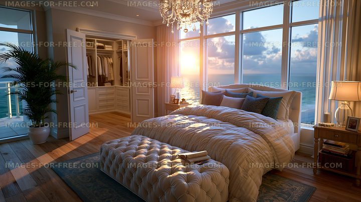 Bright bedroom with ocean view at sunset