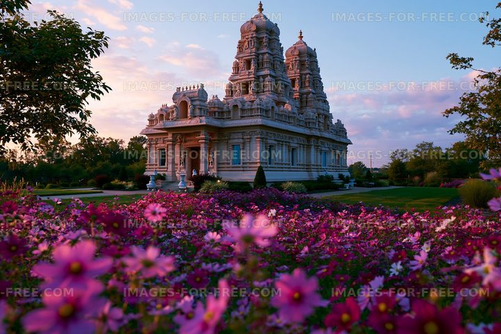 Temple surrounded by flowers during sunset in a garden