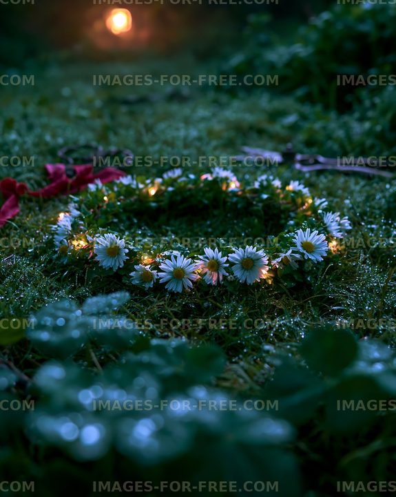 Flower crown in a grassy area lit by soft lights