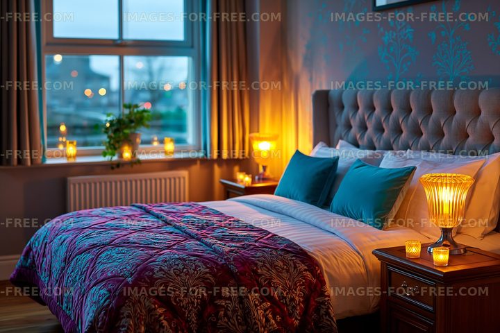 Cozy bedroom with warm lighting and decorative candles