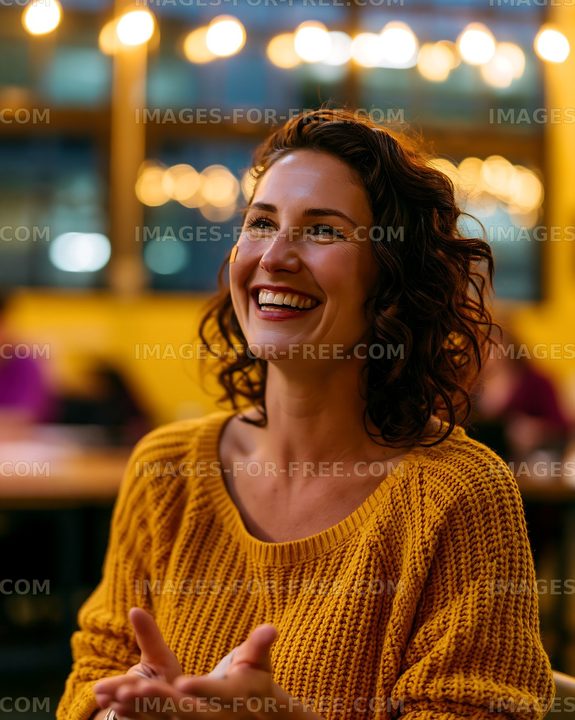Smiling woman with curly hair in a cozy indoor setting