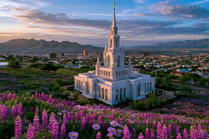 Church surrounded by flowers with mountains in the background