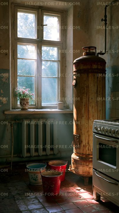Light streaming through kitchen window with vintage stove and bucket