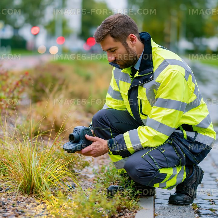 Man in reflective jacket examines plants with camera