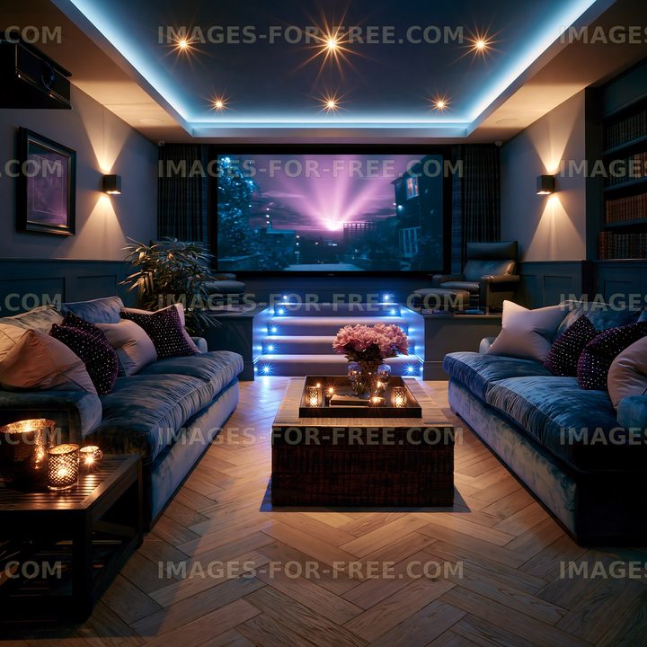 Cozy living room with home theater setup and blue lighting