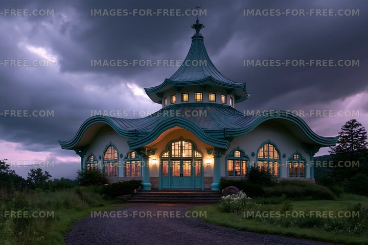 Unique architecture of a building under a cloudy sky