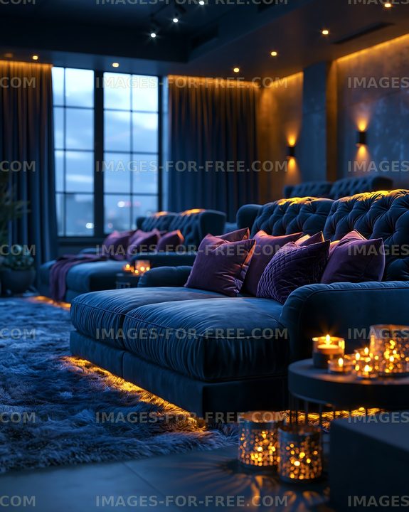 Cozy living room with soft lighting and decorative cushions