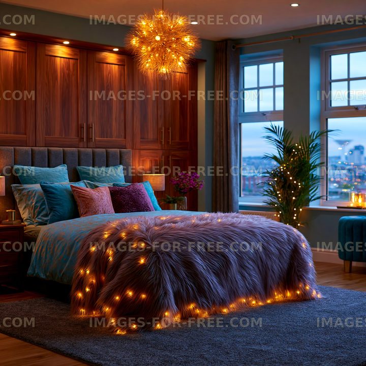 Cozy bedroom design with lights and decorative furnishings