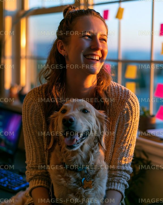 Woman smiles while sitting with a dog near a window in sunlight