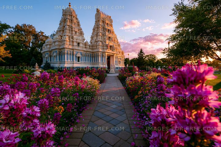 Hindu temple surrounded by colorful flowers at sunset