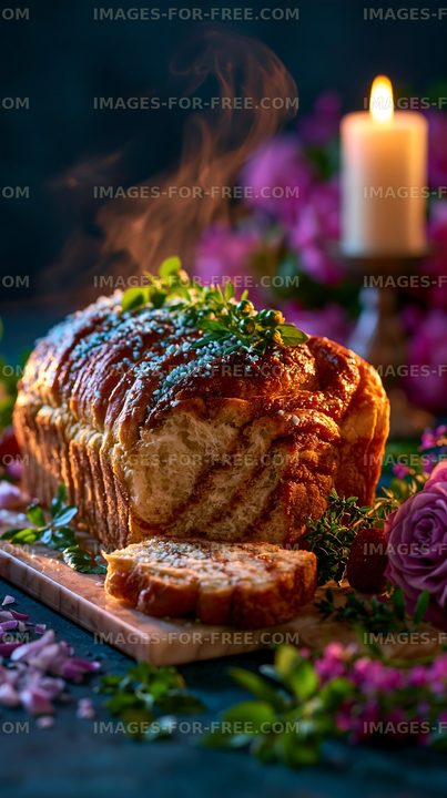 Freshly baked bread with herbs and flowers on a dark table