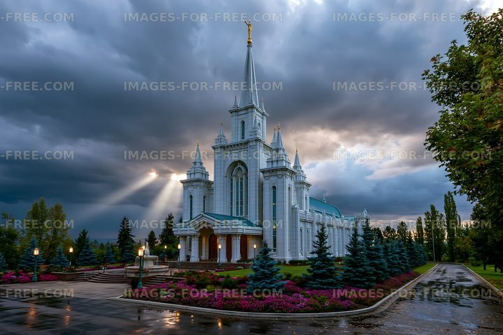Church building with a tall spire against a stormy sky