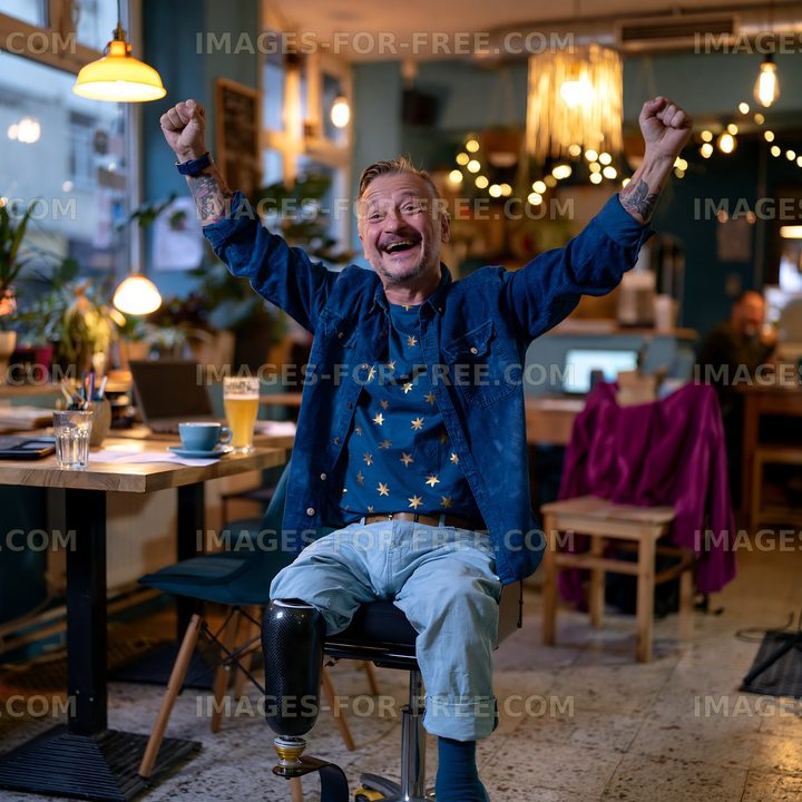Man celebrating in a cozy cafe with warm lighting