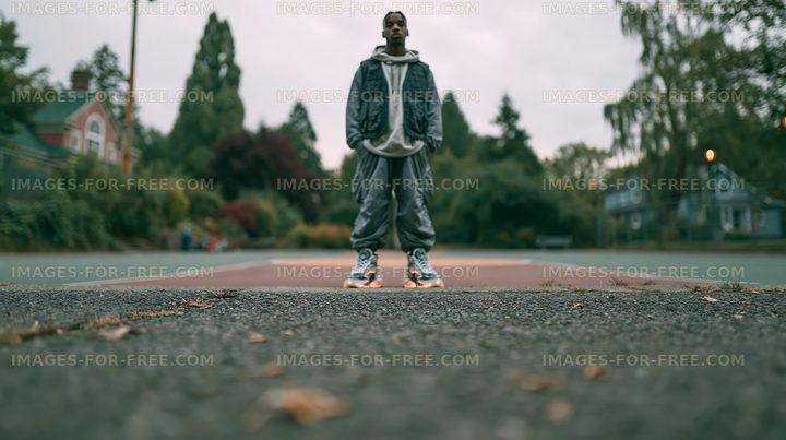 Person wearing gray outfit stands on empty basketball court