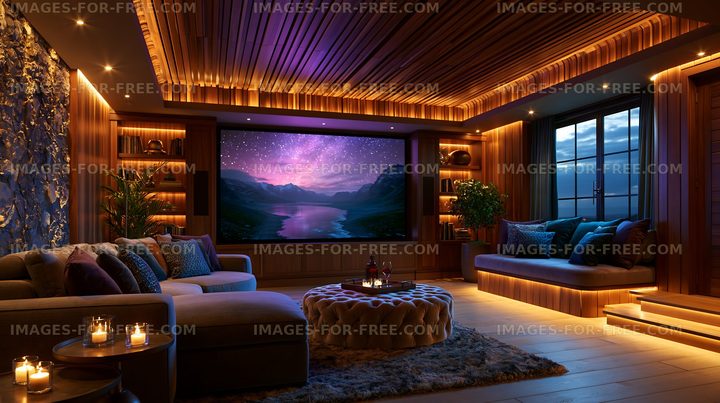 Cozy living room with large screen and warm lighting in evening