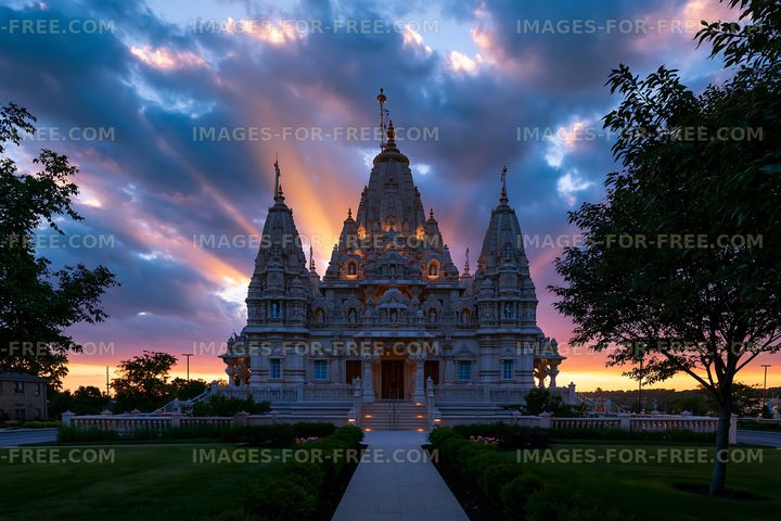 Sunset behind a large temple with intricate architecture
