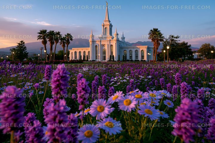 Colorful flowers with a large white building in the background