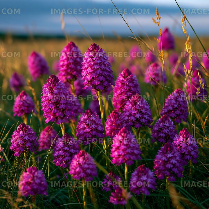 Purple flowers bloom in a grassy field during late afternoon