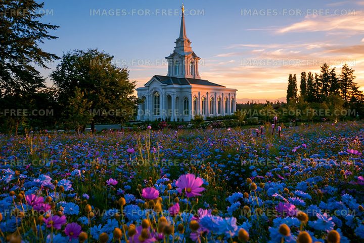 Sunset view of a church surrounded by colorful flowers