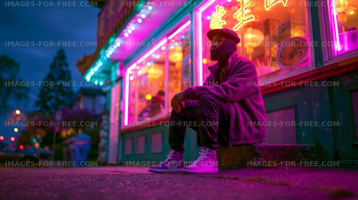 Person sitting outside a neon-lit restaurant at night