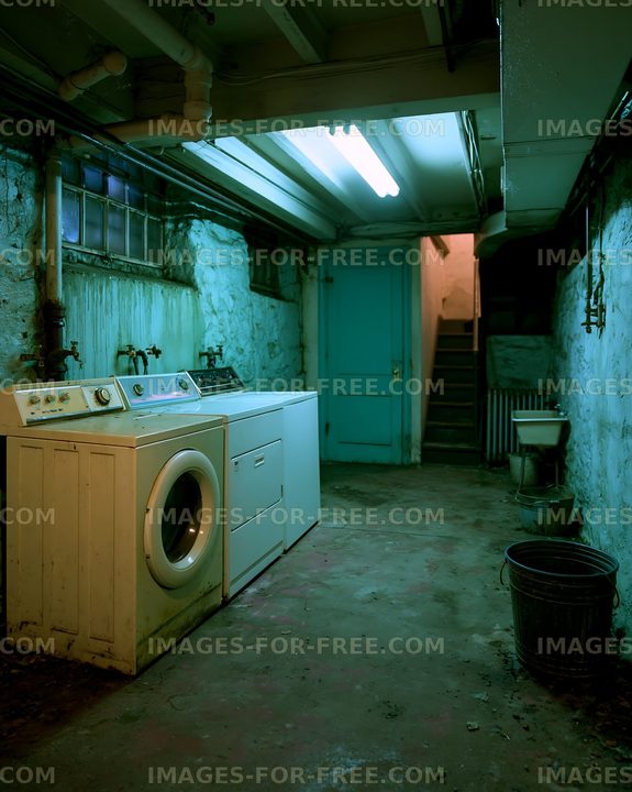 Laundry area in a basement with appliances and stairs