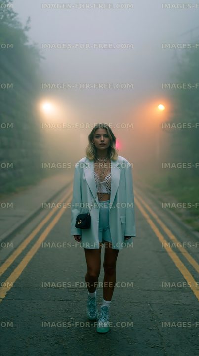 Model walks down a foggy street wearing a light outfit