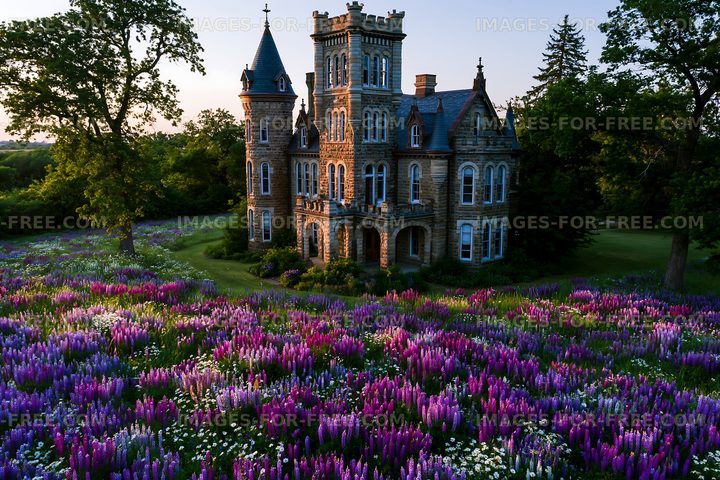 Historic mansion surrounded by colorful flower field during sunset