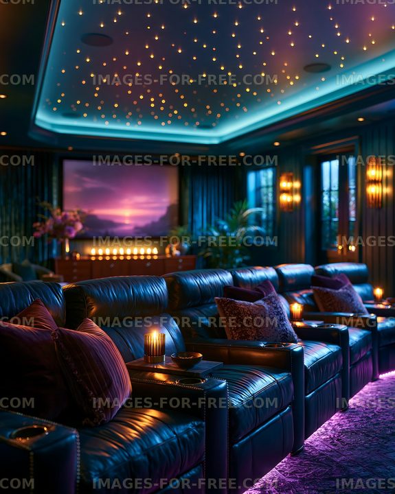 Home theater with leather seats and starry ceiling design