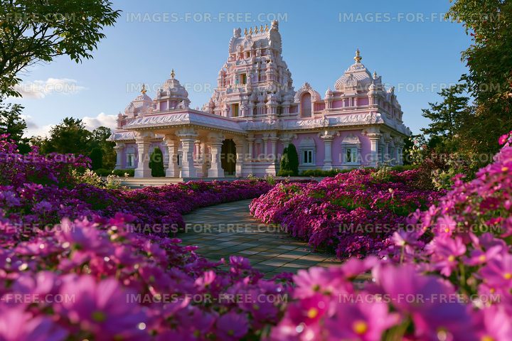 Colorful flowers surround an ornate temple in sunlight